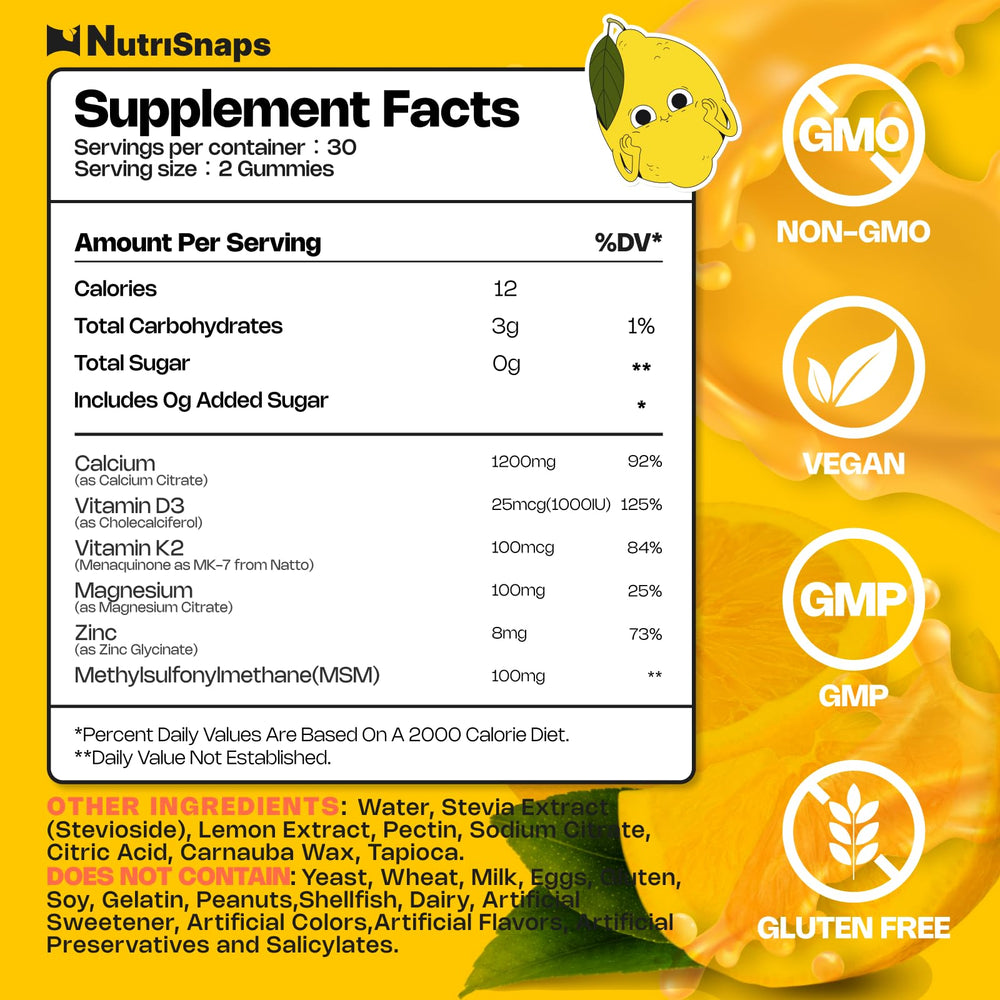 Nutrisnaps sugar-free lemon gummies on a spoon for easy daily calcium intake