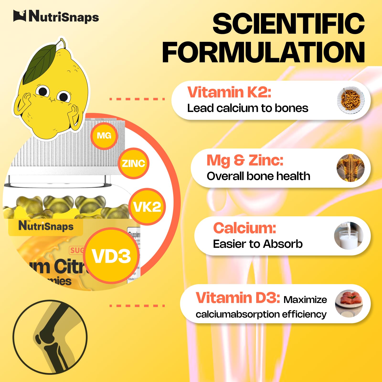 Nutrisnaps bottle with D3 and K2 icons promotes mineral absorption and bone health