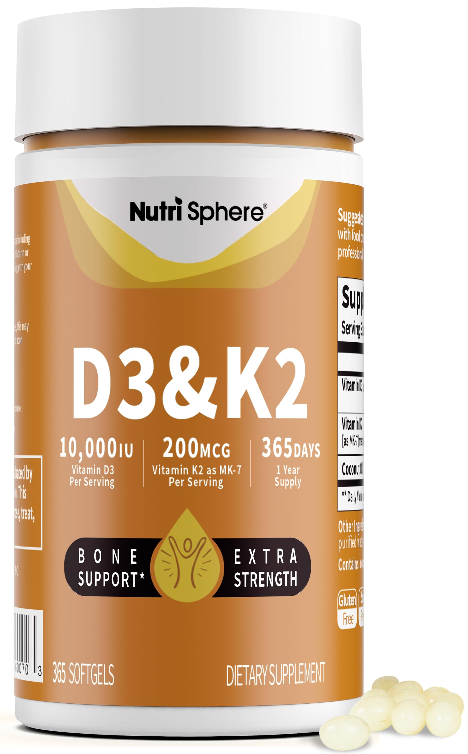 NutriSphere Vitamin D3 & K2 softgel bottle for easy daily calcium support