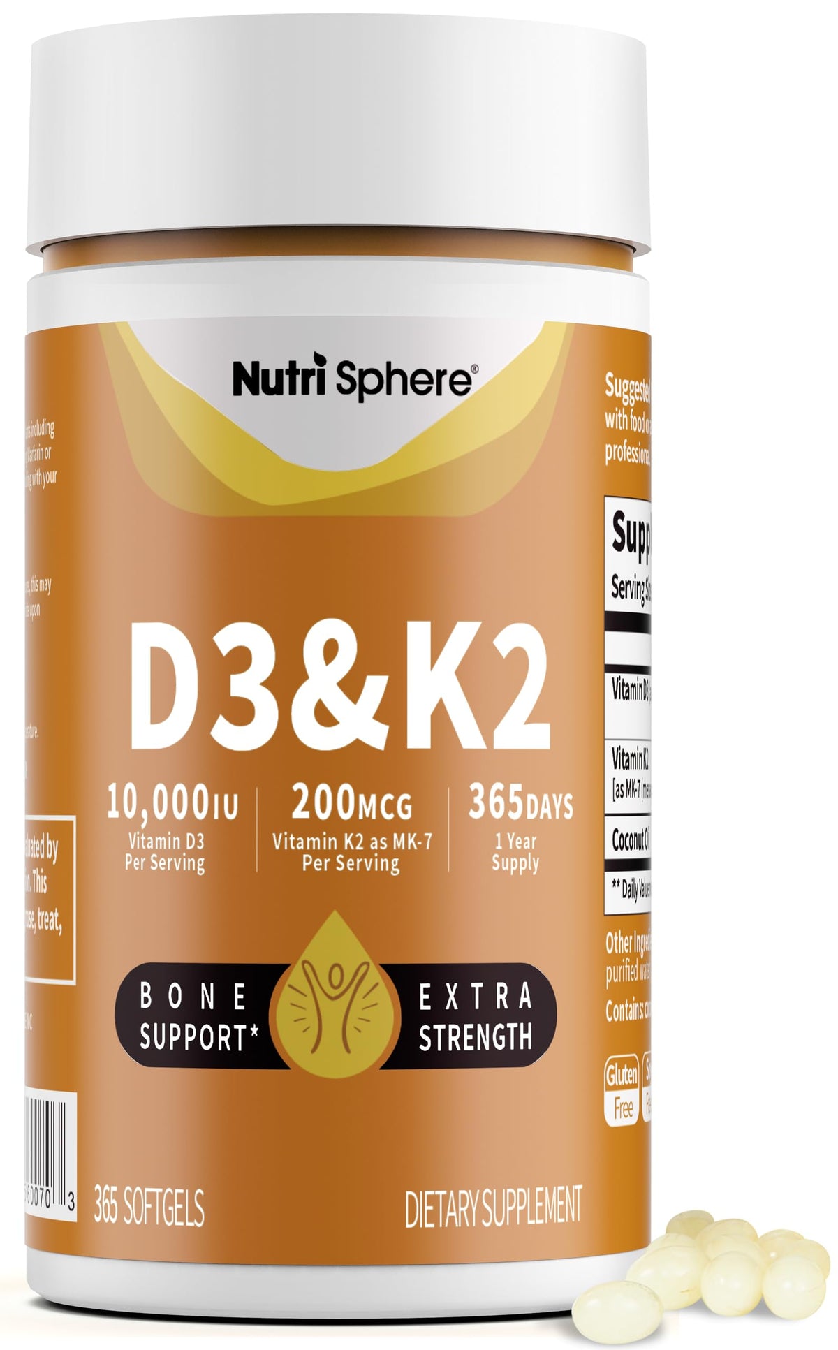 NutriSphere Vitamin D3 & K2 softgel bottle for easy daily calcium support