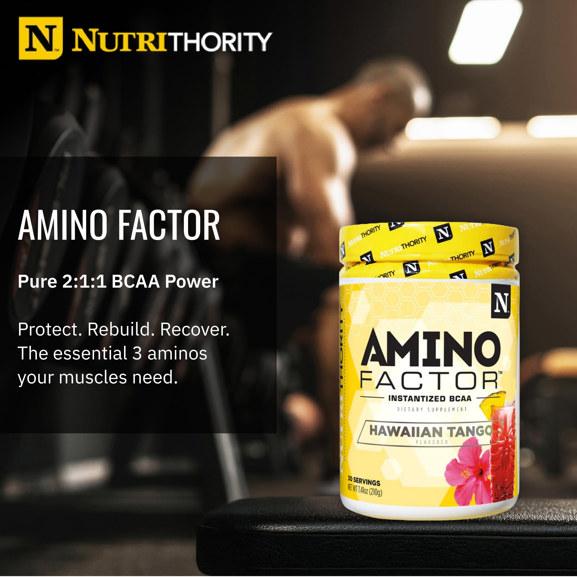 Nutrithority BCAA scoop beside a glass of water for easy mixing.