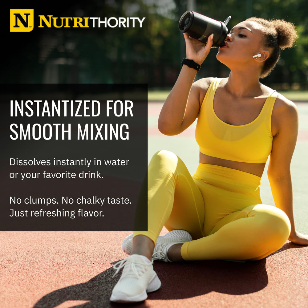 Nutrithority BCAA bottle in a gym setting after a training session.