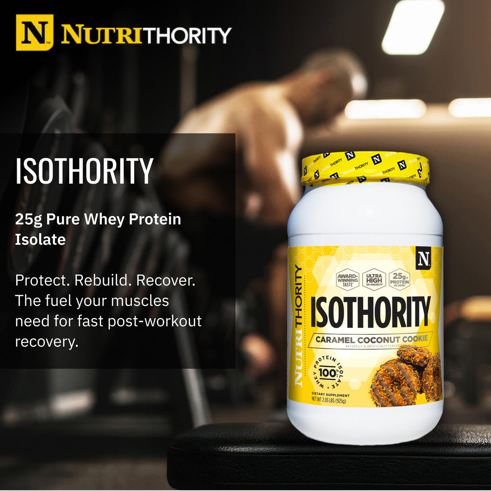Nutrithority Isothority powder pouring into glass showing easy mixability.