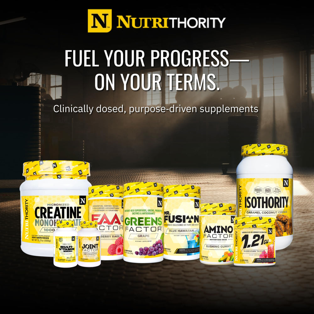 Nutrithority Isothority tub with flavor packaging suggesting premium isolate.