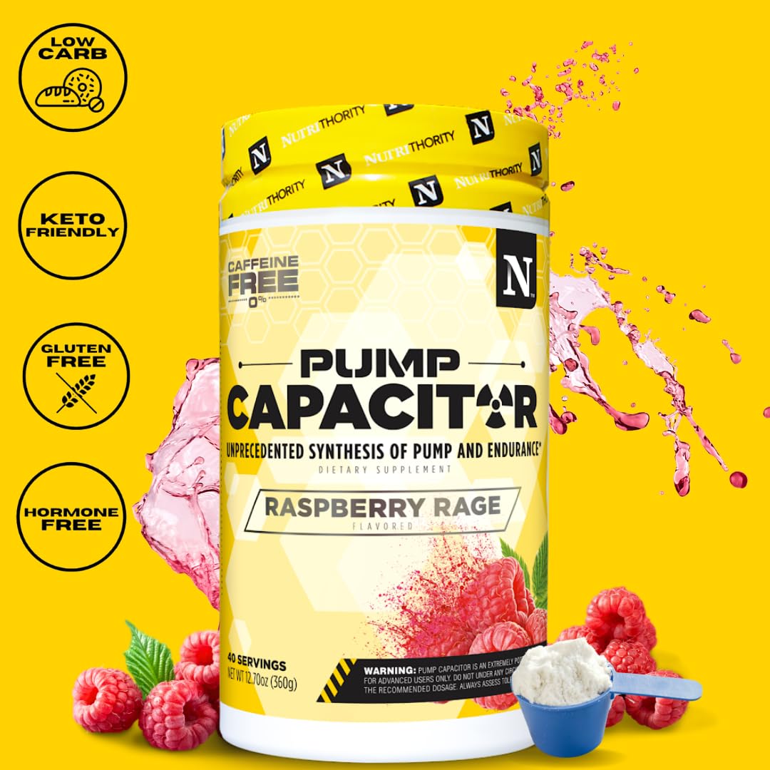 Nutrithority Pump Capacitor unflavored-mix display underlines versatile, stimulant-free pre-workout use.