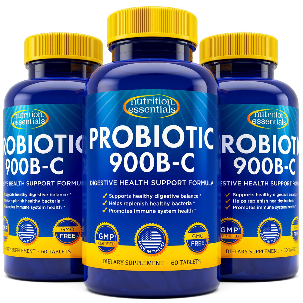 Nutrition Essentials Probiotics bottle pour shows easy daily use for digestive support.