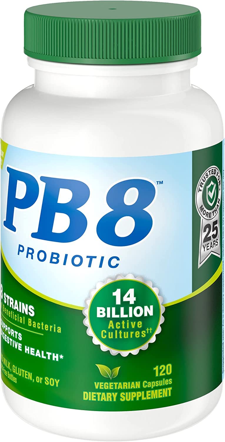 Nutrition Now Pb8 capsules close-up highlighting vegetarian probiotic formula for digestive balance.