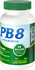 Nutrition Now Pb8 capsules close-up highlighting vegetarian probiotic formula for digestive balance.