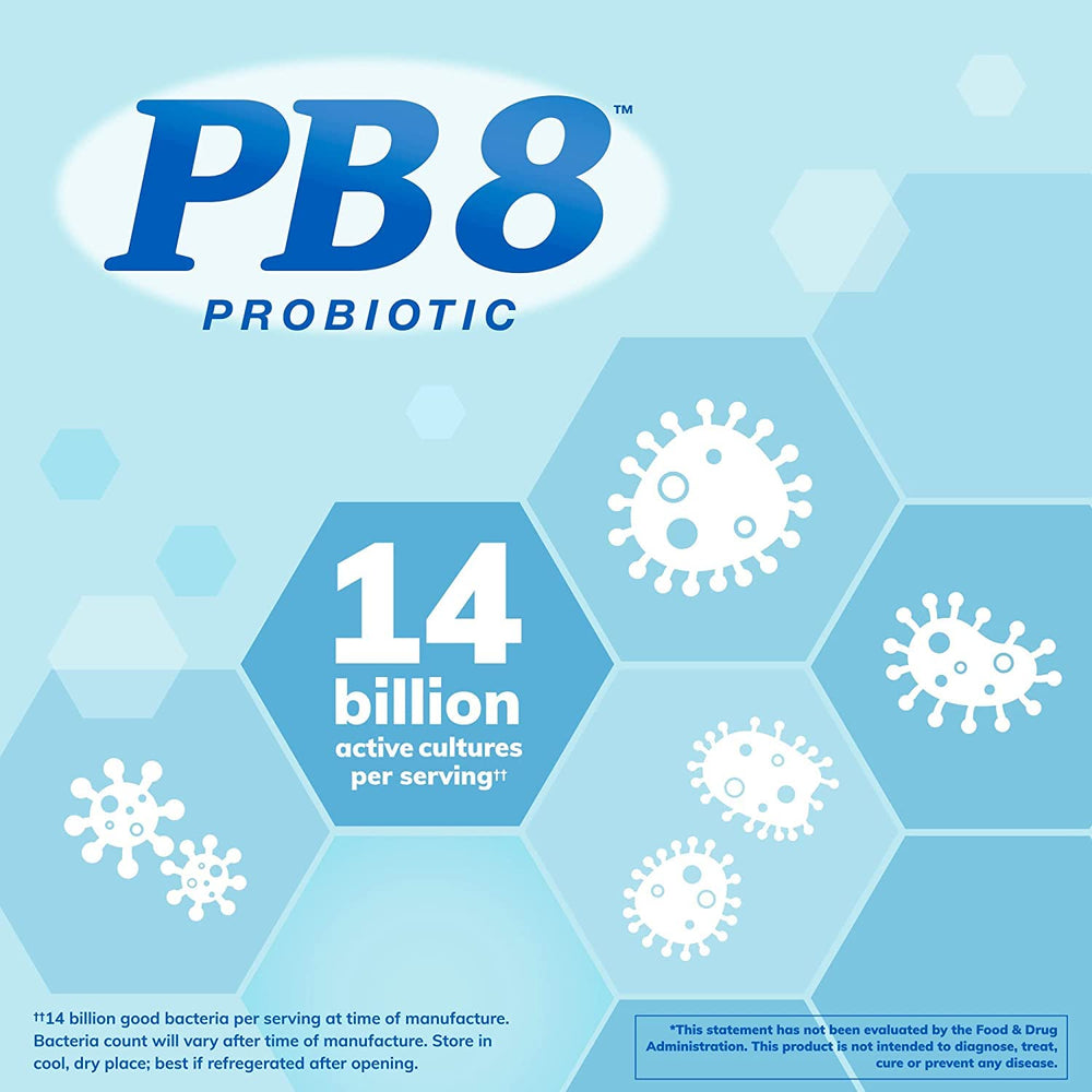 Nutrition Now Pb8 ingredients panel highlights probiotic strains and vegetarian capsule format.