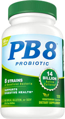 Nutrition Now PB8 probiotic bottle front showing vegetarian formula for daily digestion.