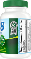 Nutrition Now PB8 bottle label notes 14 billion cultures from 8 probiotic strains.