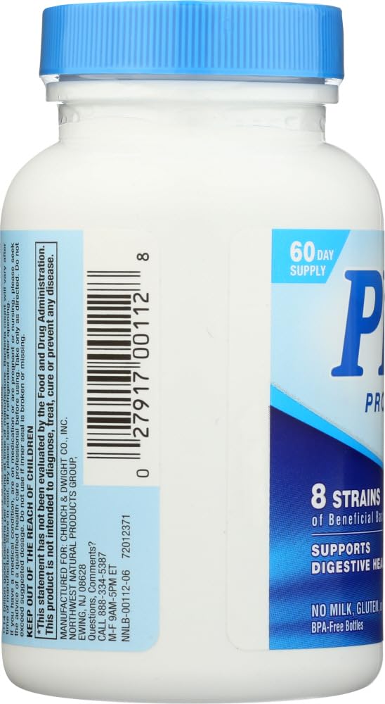 Nutrition Now PB8 probiotic acidophilus bottle back view highlights ingredients and dosage information.