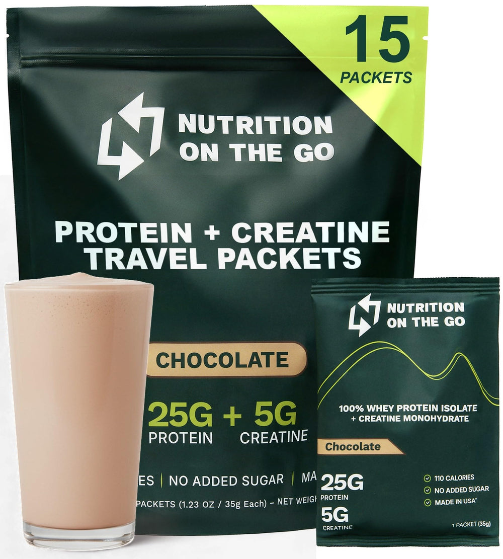 Nutrition On The Go whey protein isolate packet chocolate front view for on-the-go protein