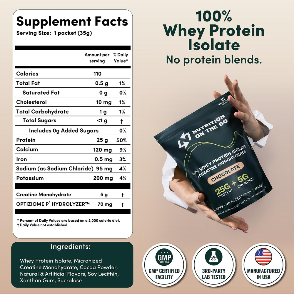 Nutrition On The Go whey protein packet chocolate close-up highlighting flavor and texture