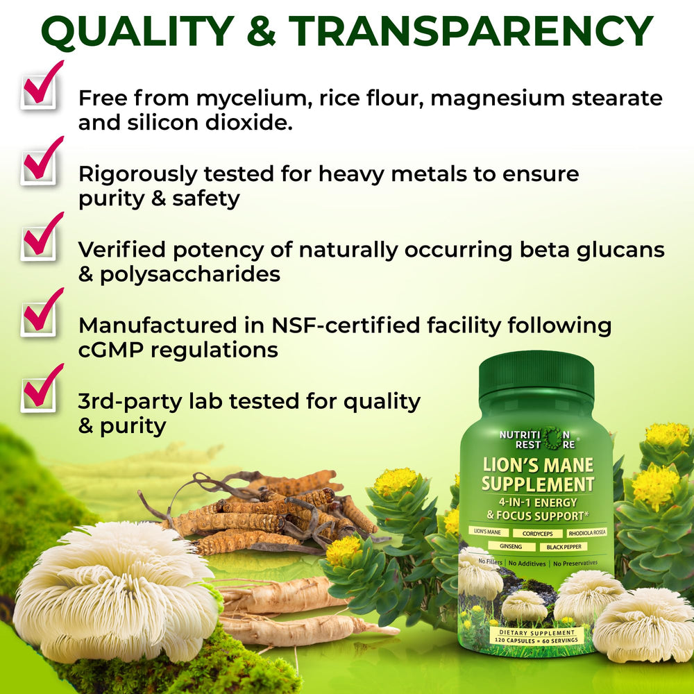 Nutrition Restore Lions Mane capsules with cordyceps and rhodiola blend.