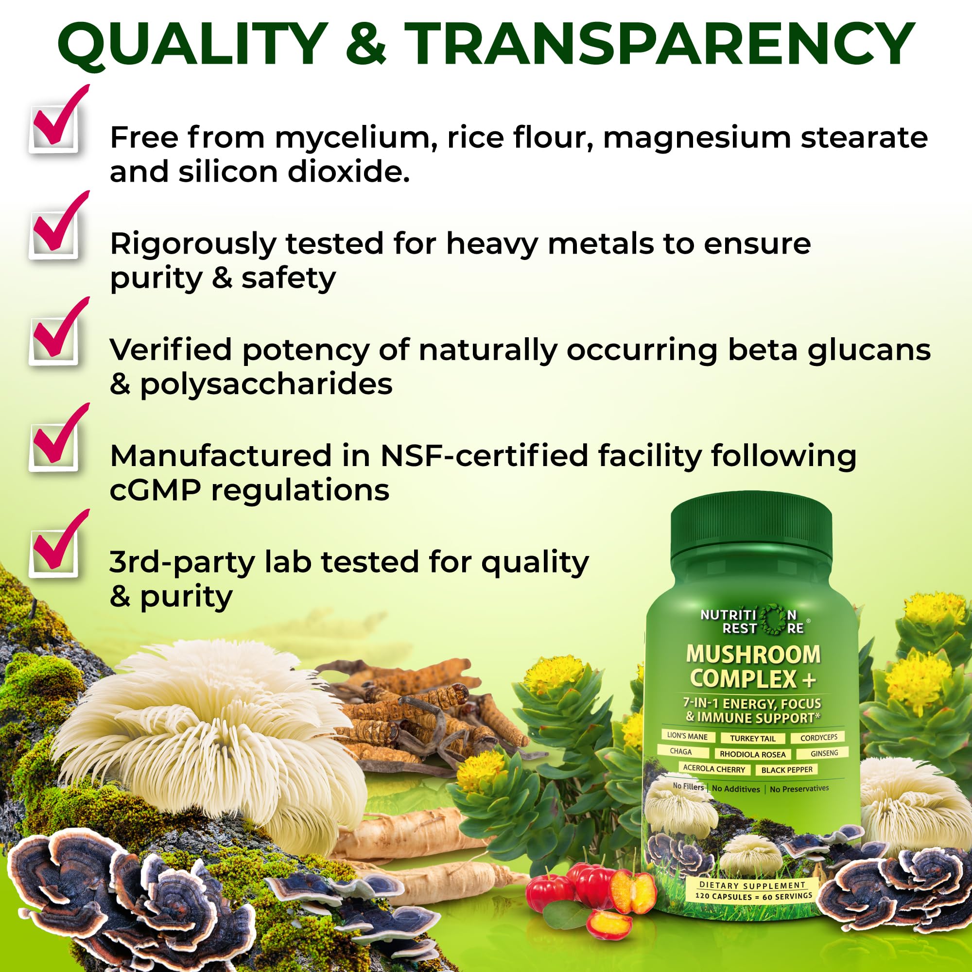 Nutrition Restore Organic Mushroom Complex extracts close-up demonstrating potent mushroom extracts