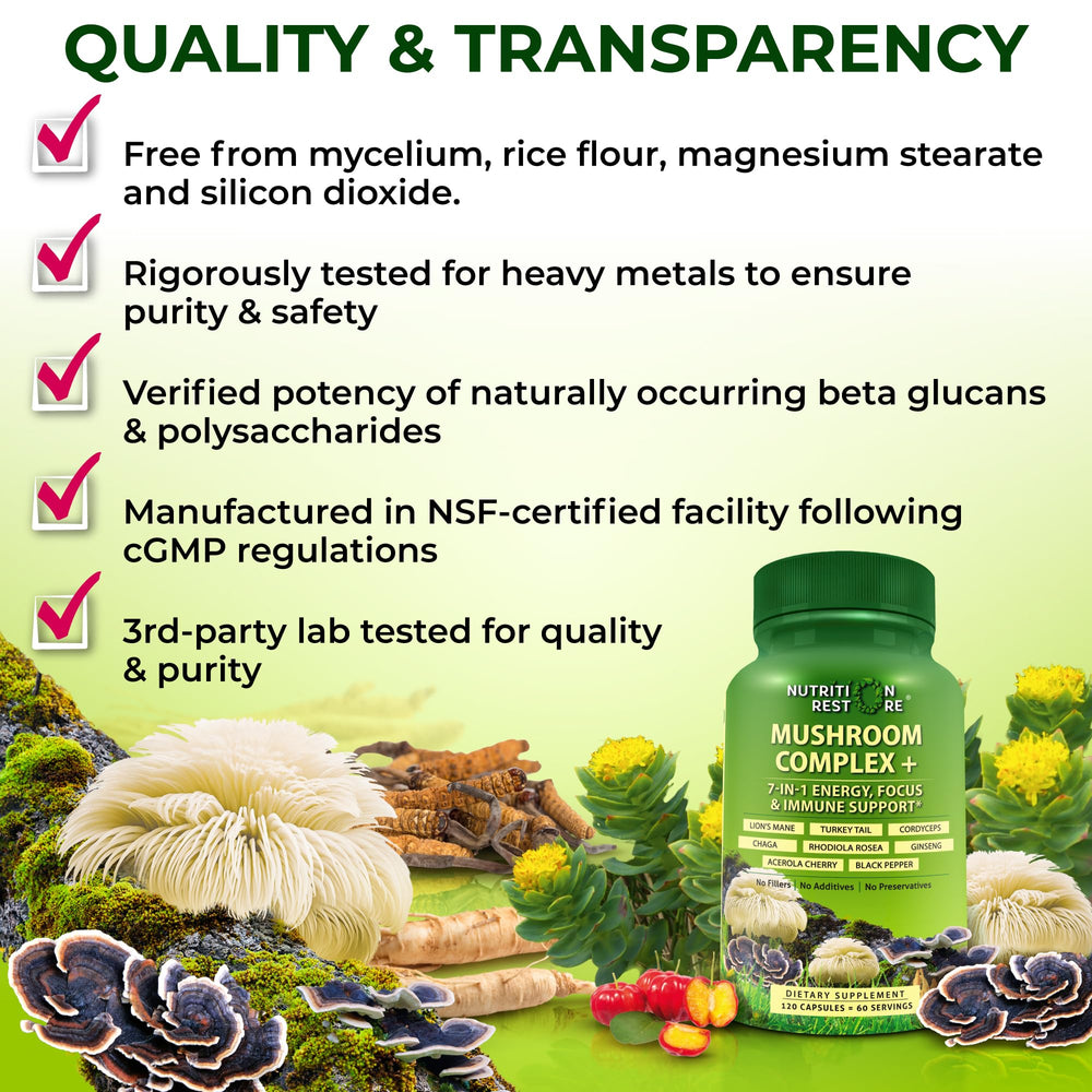 Nutrition Restore Organic Mushroom Complex extracts close-up demonstrating potent mushroom extracts