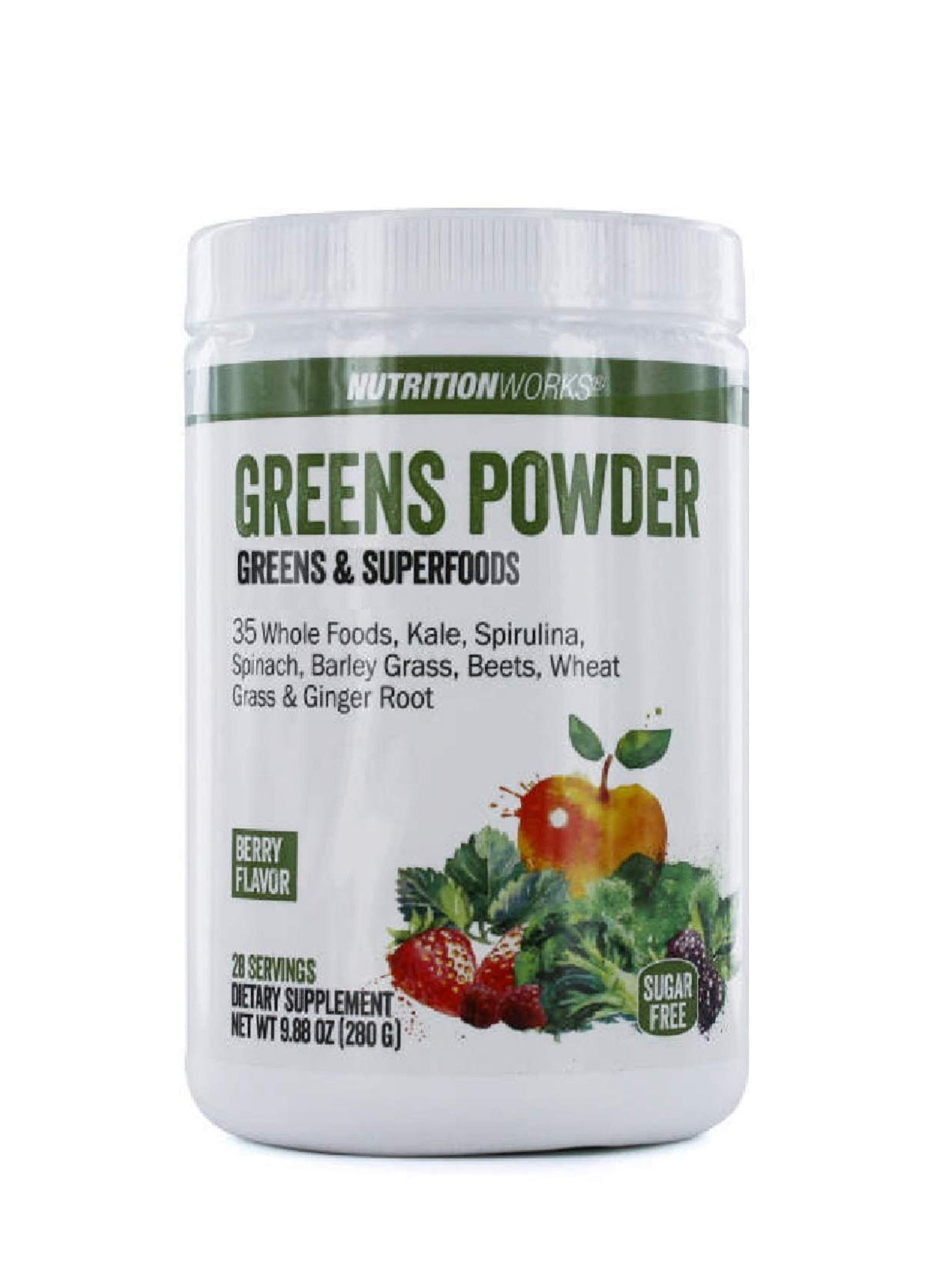 Nutrition Works Greens Powder Berry bottle pour for quick daily greens boost.