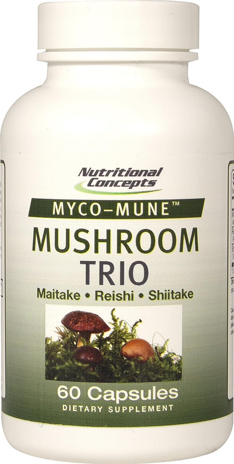 Nutritional Concepts Myco-Mune Mushroom Trio bottle highlighting antioxidant-rich mushrooms for everyday immune support.