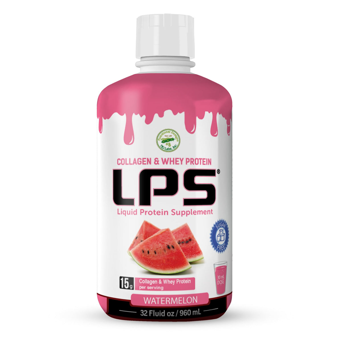 Nutritional Designs LPS Watermelon bottle showcases a sugar-free liquid protein for daily use.