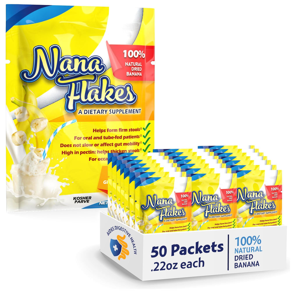 Nutritional Designs Nana Flakes banana powder bottle on kitchen shelf, convenient high-protein option.