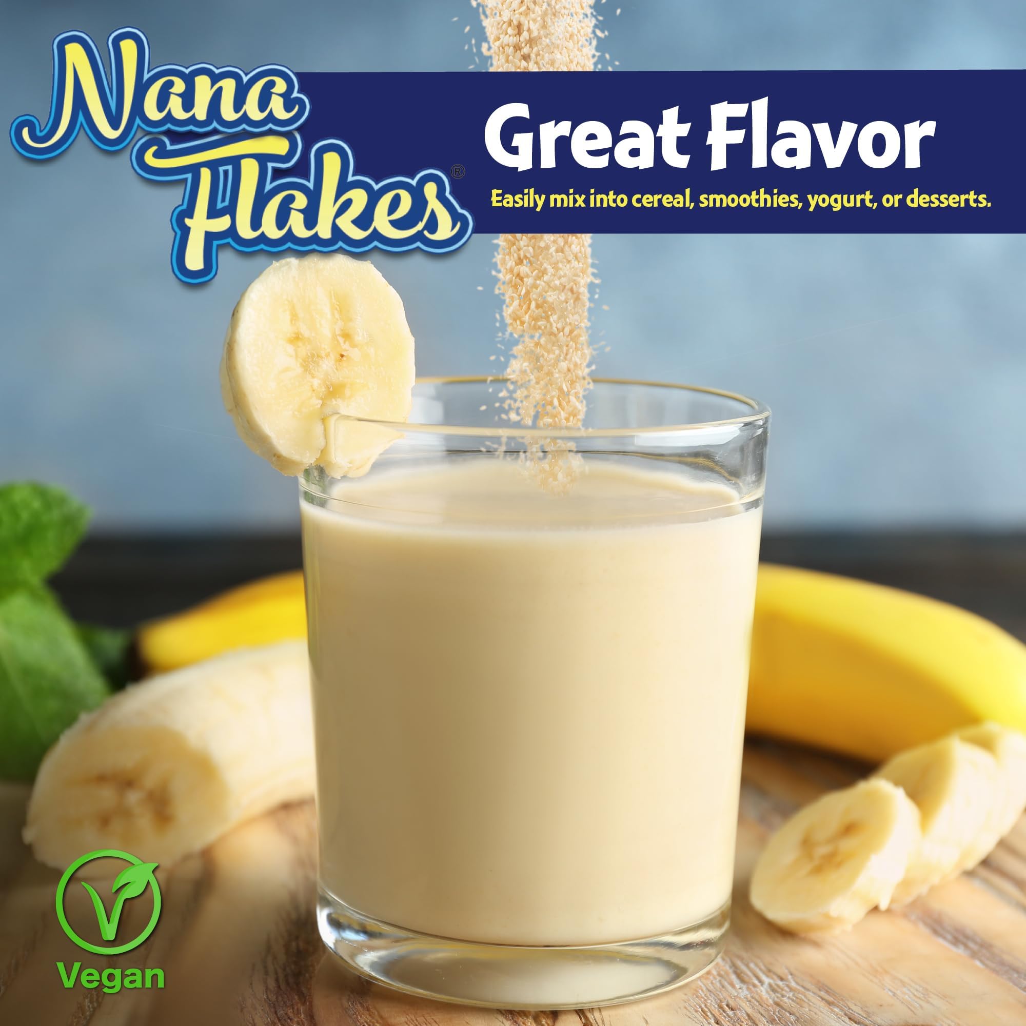Nutritional Designs Nana Flakes prepared beverage poured, versatile banana powder usage.