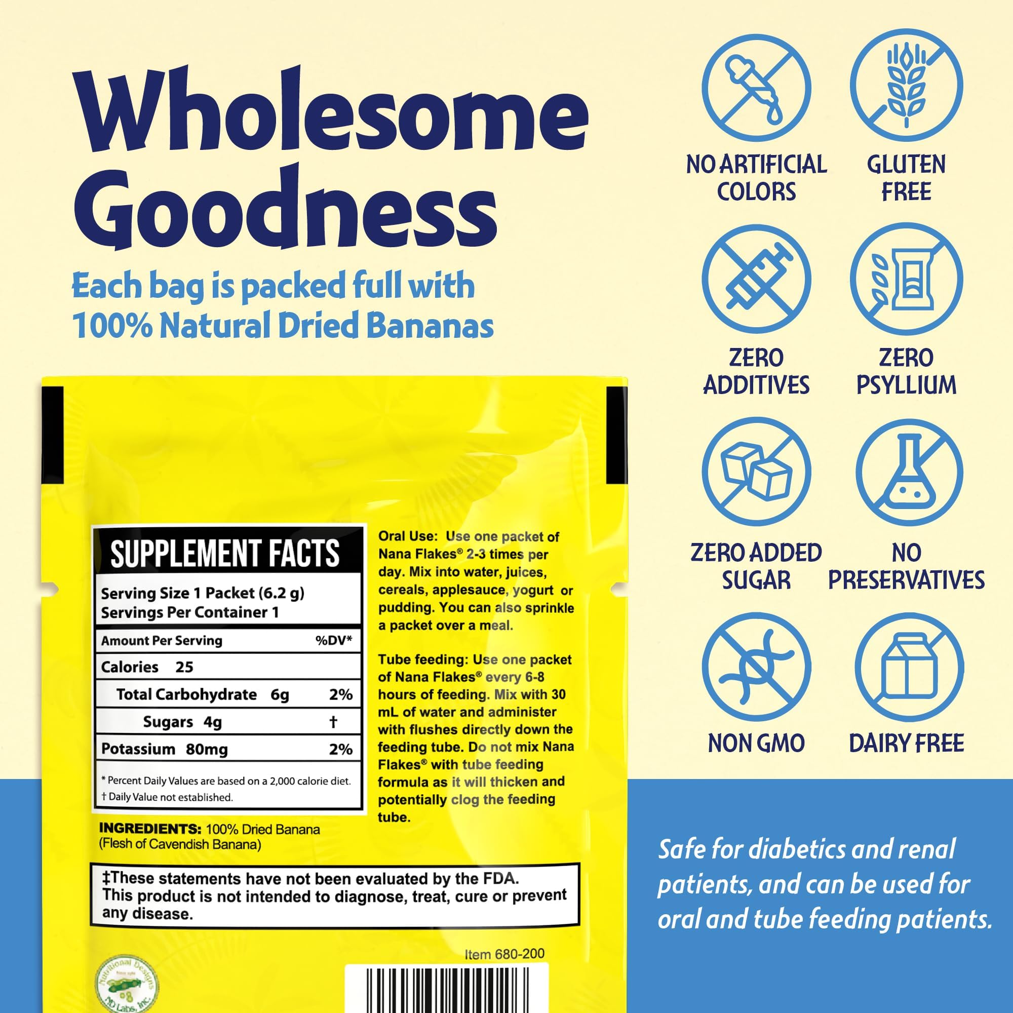Nutritional Designs Nana Flakes nutrition label highlighting protein and fiber.