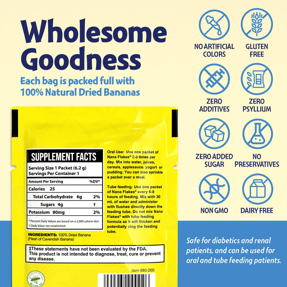 Nutritional Designs Nana Flakes nutrition label highlighting protein and fiber.