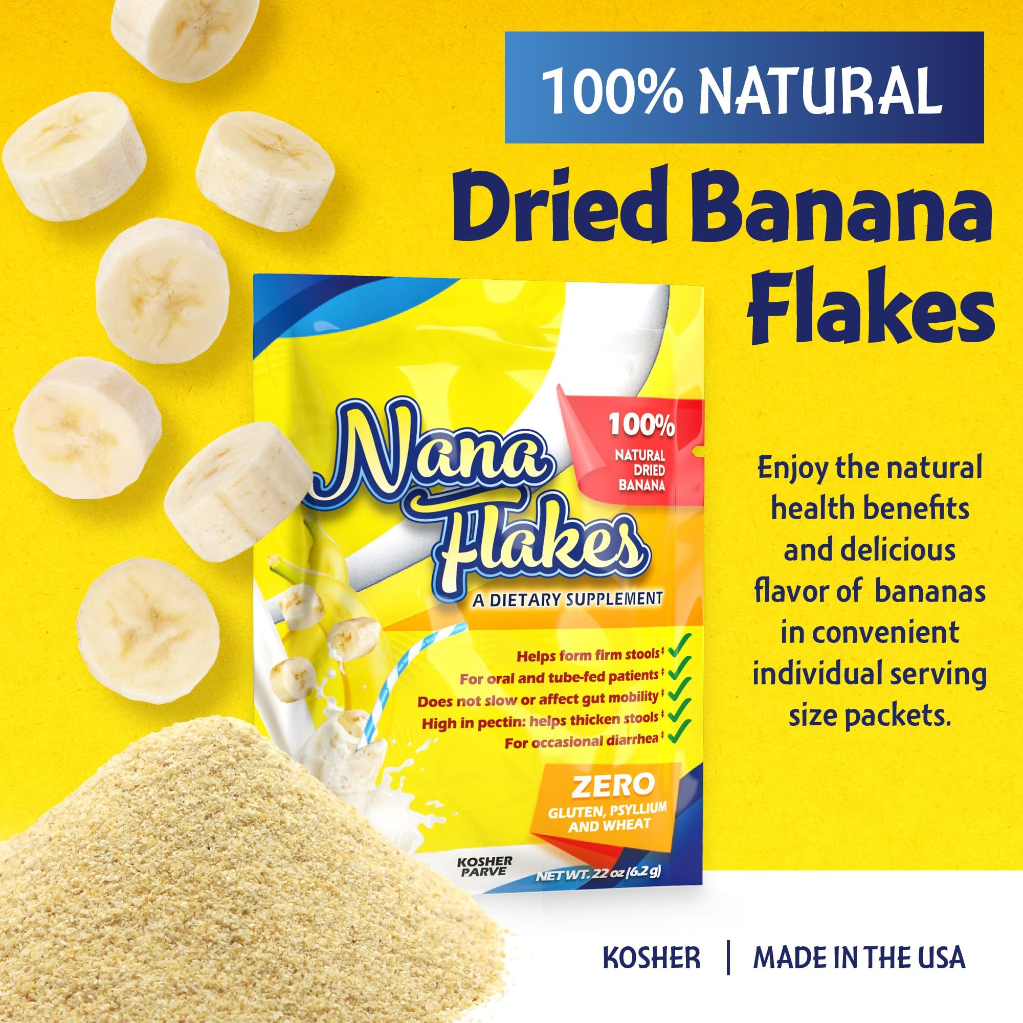 Nutritional Designs Nana Flakes single-serve packs, on-the-go IBS-friendly nutrition.
