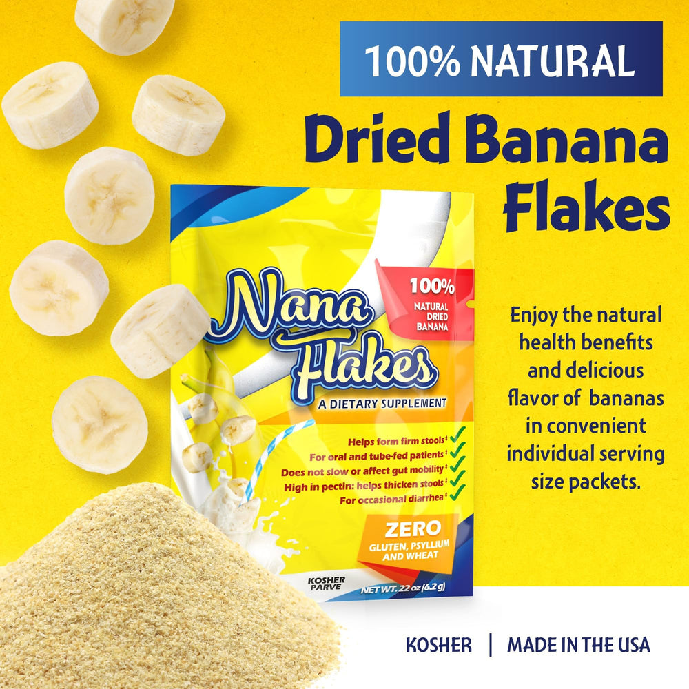 Nutritional Designs Nana Flakes single-serve packs, on-the-go IBS-friendly nutrition.