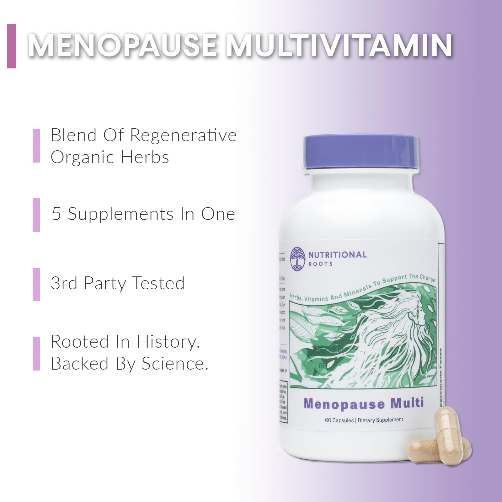 Nutritional Roots 5-in-1 bottle label closeup highlighting key ingredients like D3 and soy flavonoids.