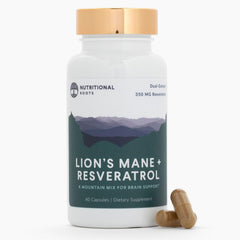 Nutritional Roots Lion’s Mane + Resveratrol bottle for convenient brain and heart support.
