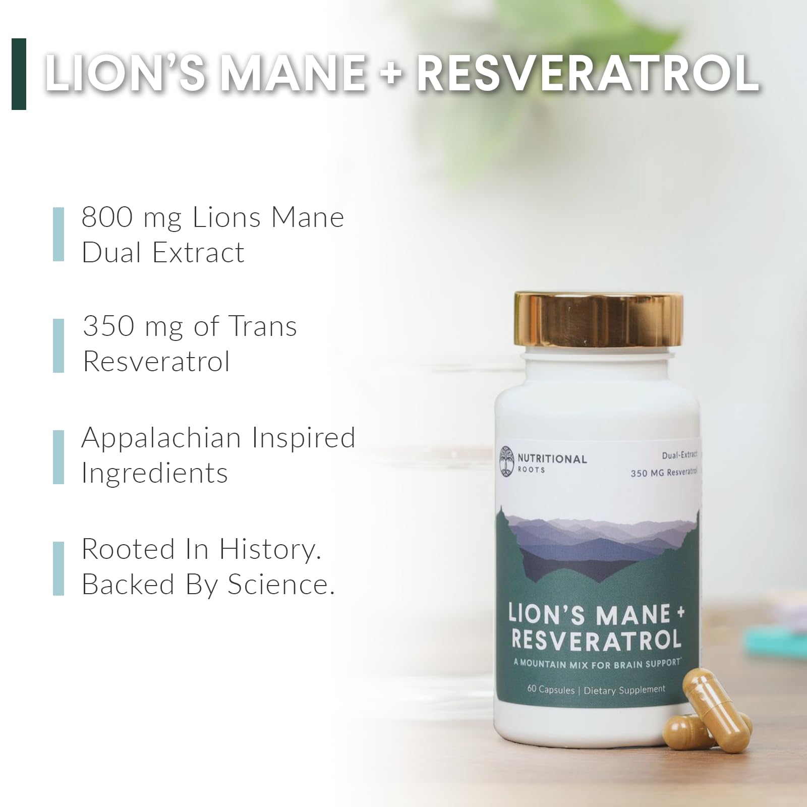 Nutritional Roots Lion’s Mane + Resveratrol capsules close-up, easy daily use for focus and vitality.