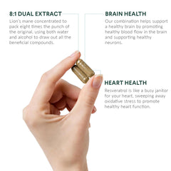 Nutritional Roots Lion’s Mane + Resveratrol label with ingredients and 60 capsules per bottle.