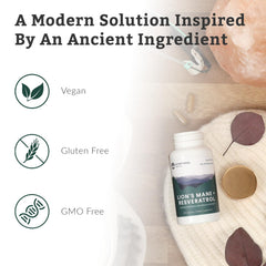 Nutritional Roots Lion’s Mane + Resveratrol serving guide displaying 800mg Lion's Mane and 350mg Trans-Resveratrol per serving.