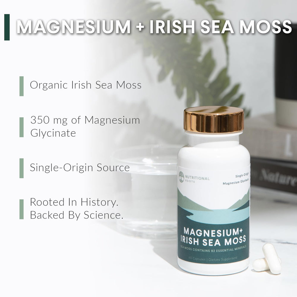 Nutritional Roots magnesium Irish Sea Moss capsules for easy daily use.