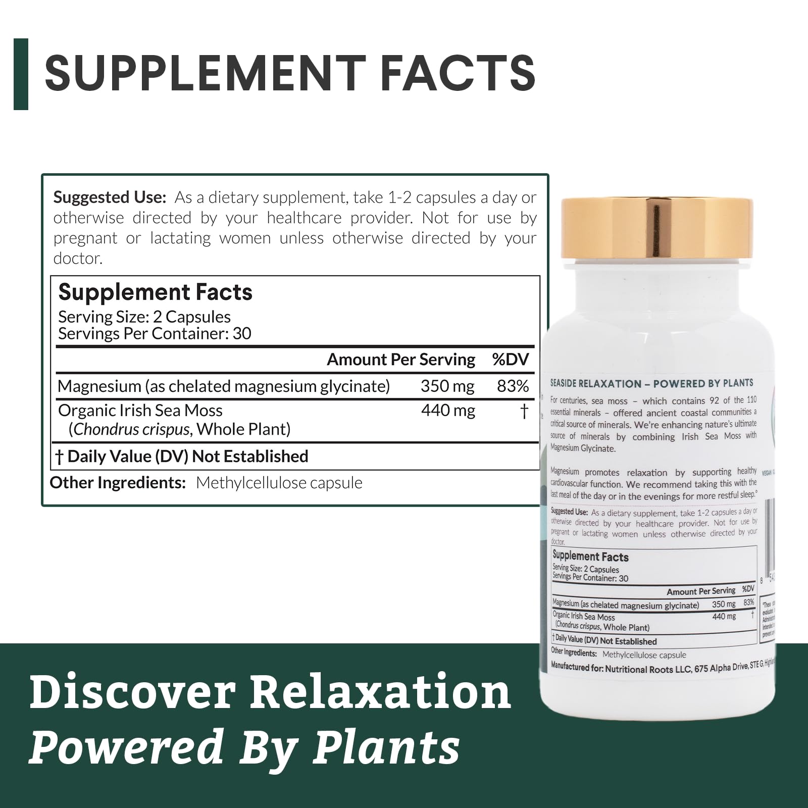 Nutritional Roots ingredients list highlighting Sea Moss minerals.