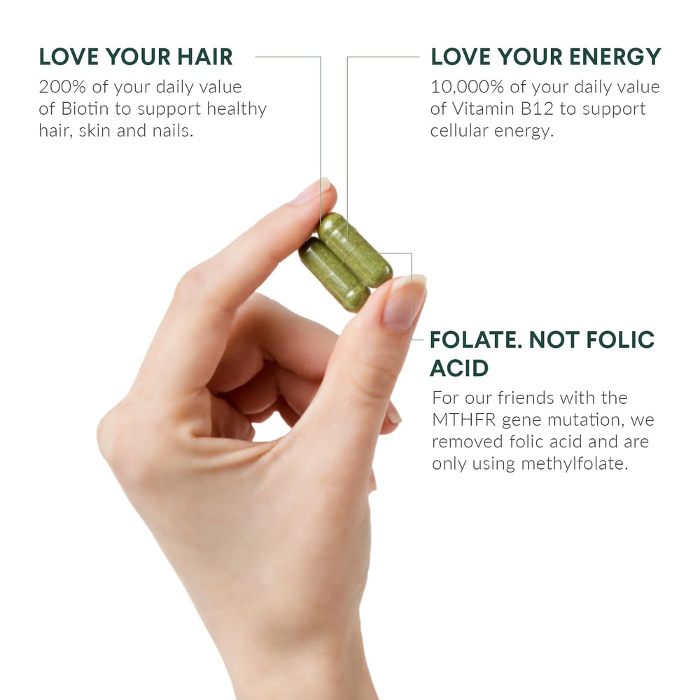 Nutritional Roots Multivitamin+ capsules close-up on plant-based formula.