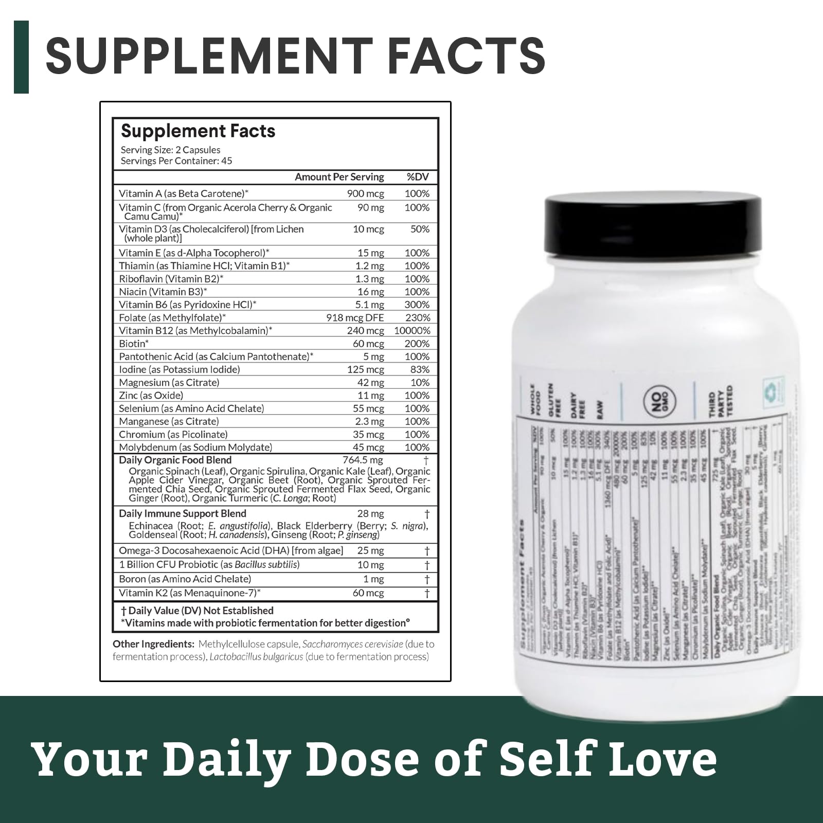 Nutritional Roots Multivitamin+ ingredients page featuring organic vegetables.