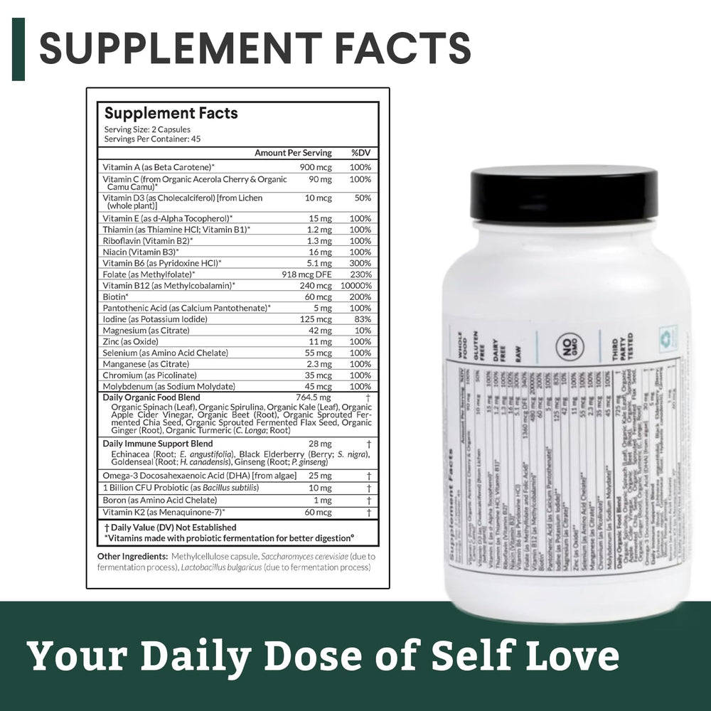 Nutritional Roots Multivitamin+ ingredients page featuring organic vegetables.
