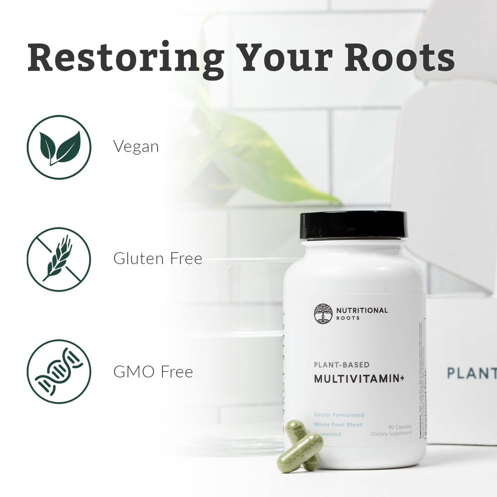 Nutritional Roots Multivitamin+ label highlights vegan fermentation.