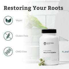 Nutritional Roots Multivitamin+ label highlights vegan fermentation.