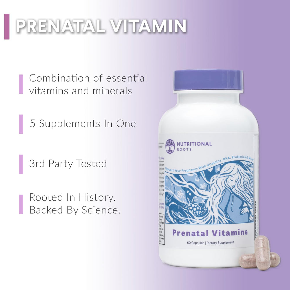 Nutritional Roots Prenatal DHA probiotic blend highlights gut-friendly support during pregnancy.