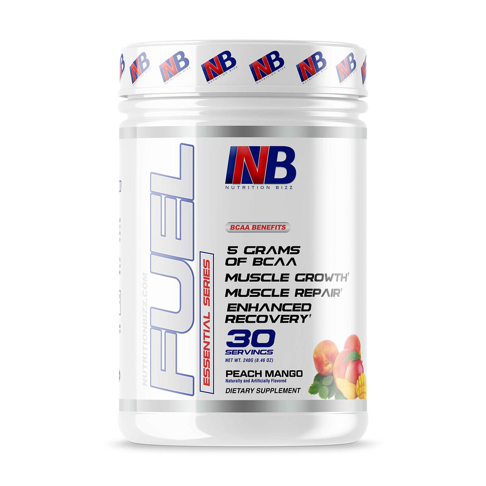 NutritionBizz BCAA Polvo sabor Peach Mango para recuperación muscular tras entrenos.