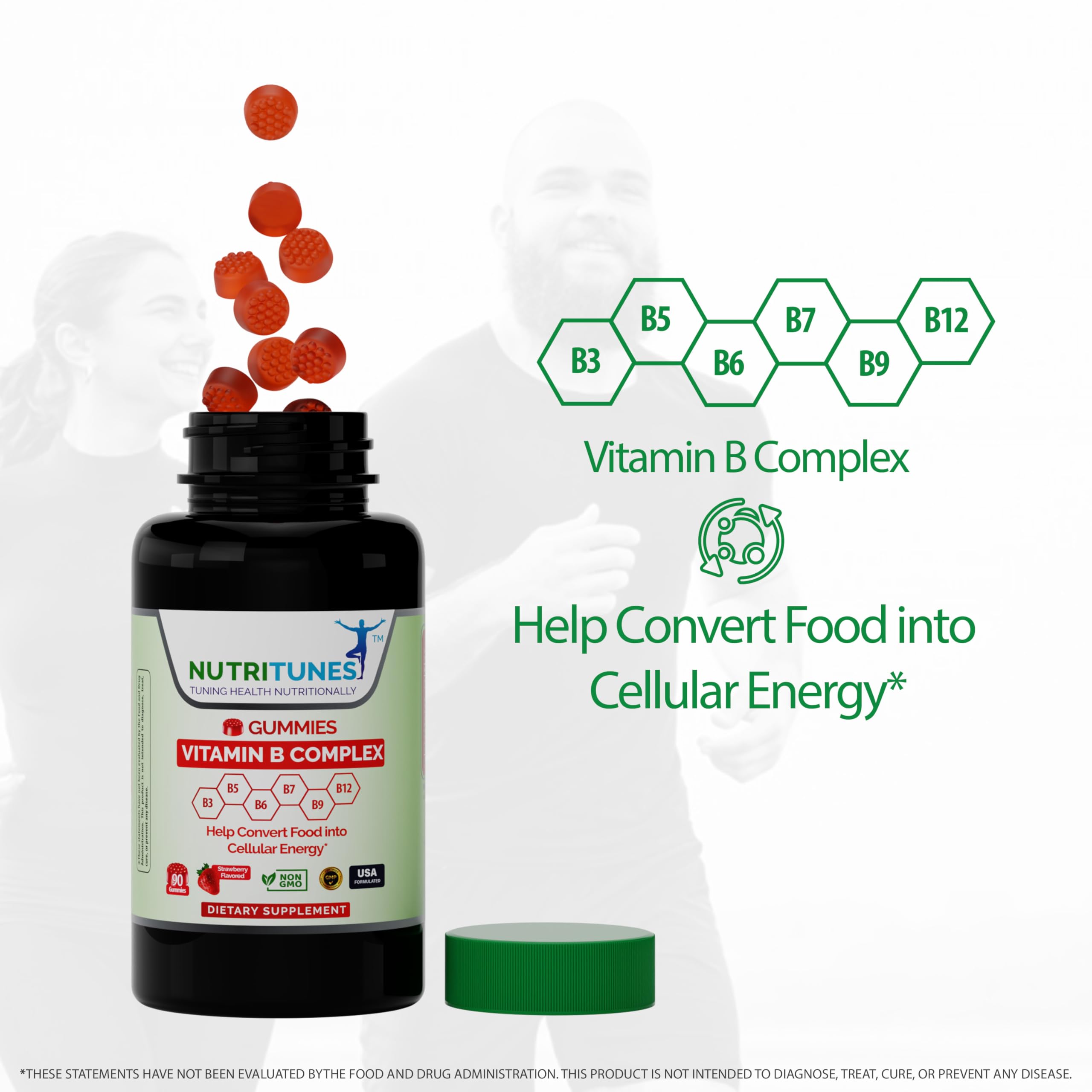 Nutritunes Vitamin B Complex Gummies gluten-free badge close-up for allergen-friendly use.