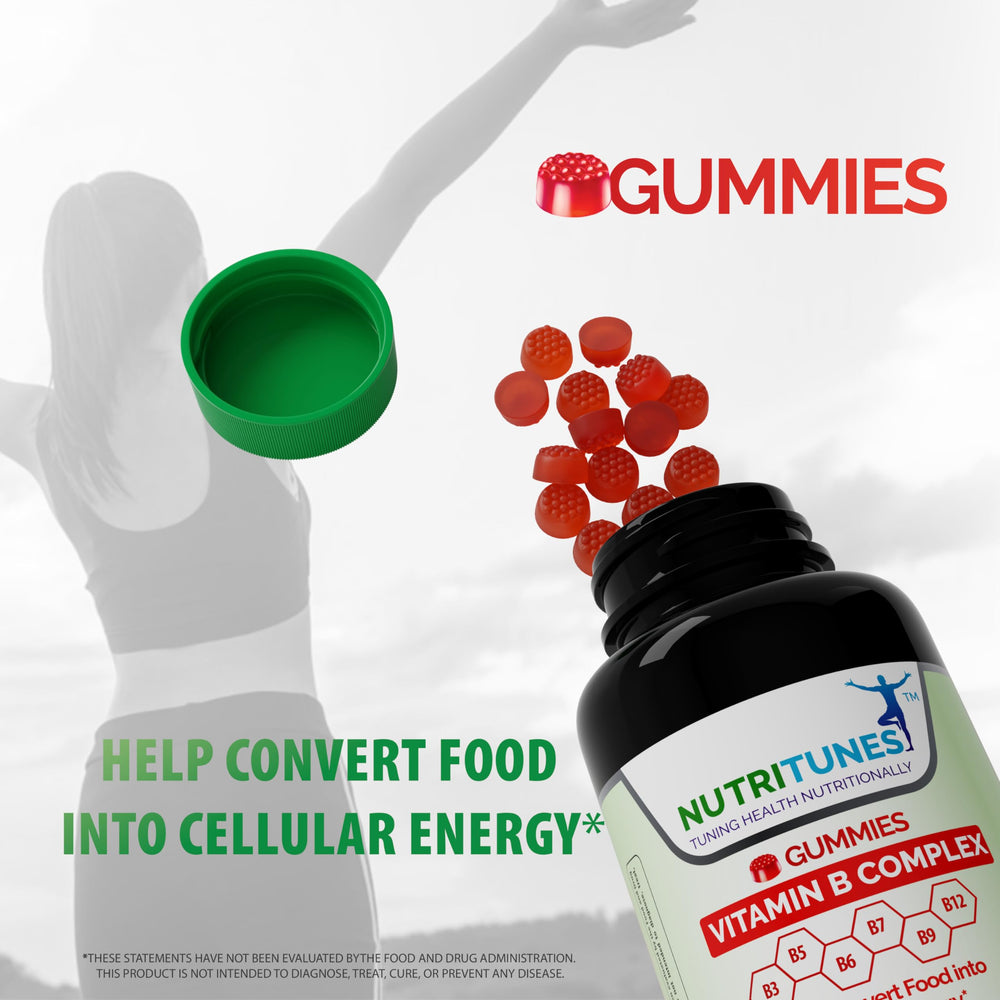 Nutritunes Vitamin B Complex Gummies methylfolate close-up for absorption-friendly formula.