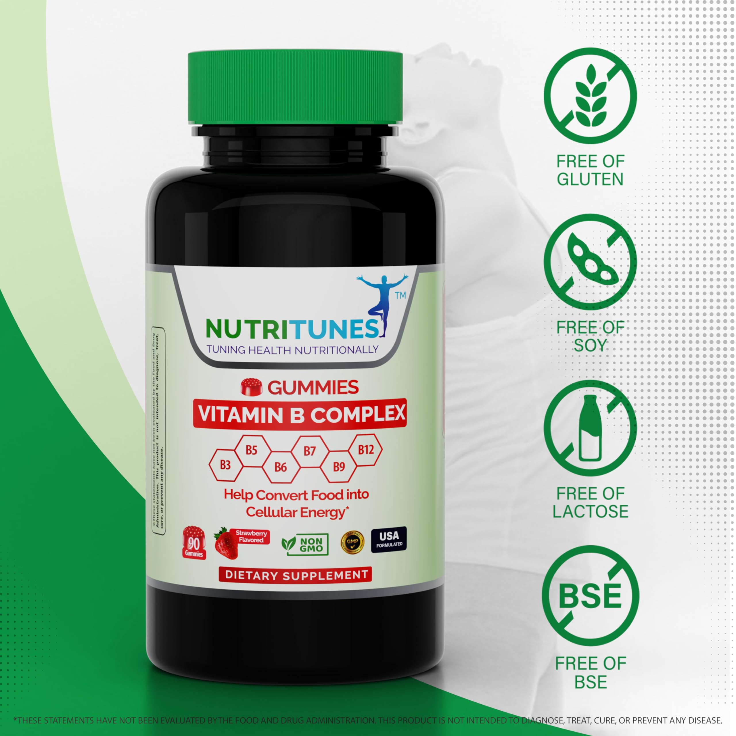 Nutritunes Vitamin B Complex Gummies strawberry close-up highlighting delicious flavor.