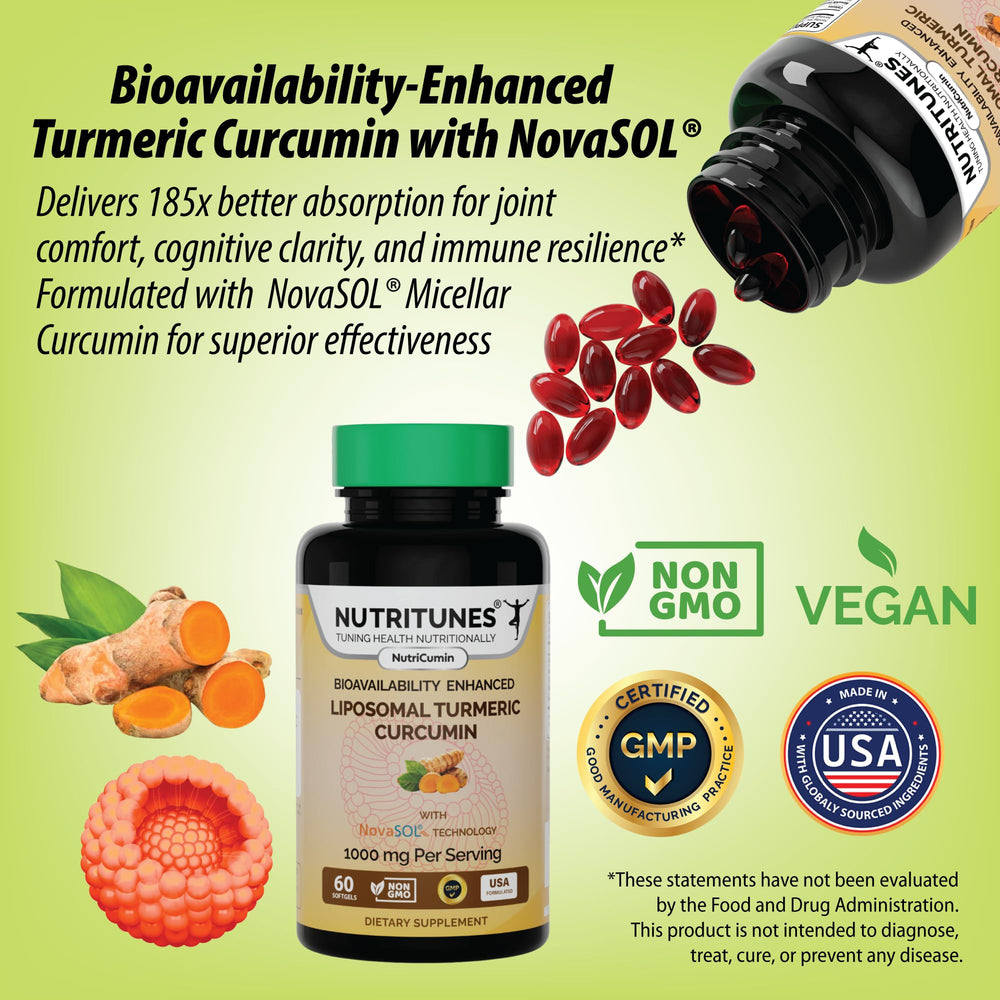 NutriTunes bottle label close-up showing premium turmeric extract quality.