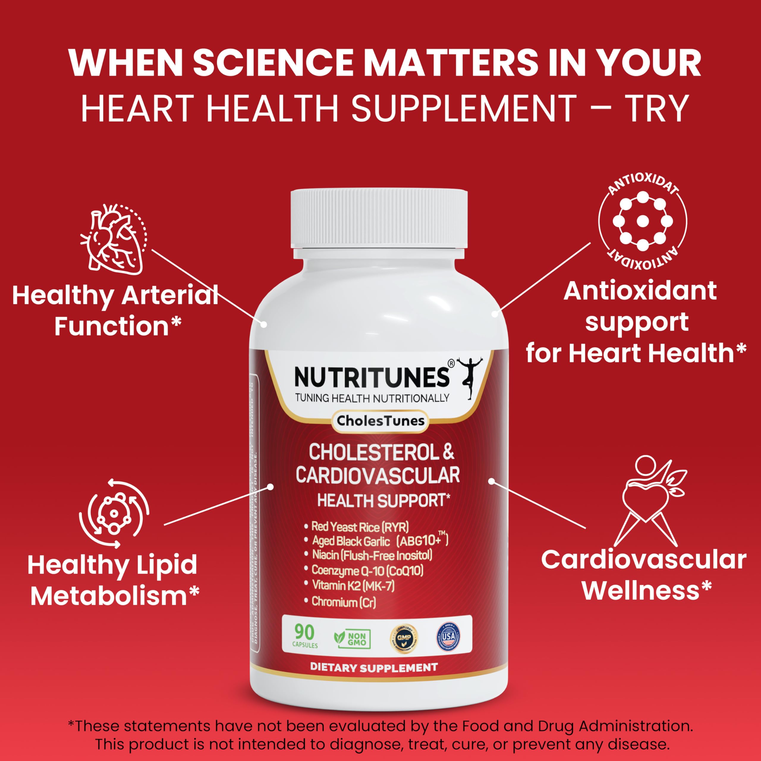 Nutritunes cholesterol capsules close-up, easy daily dosing for ongoing support.