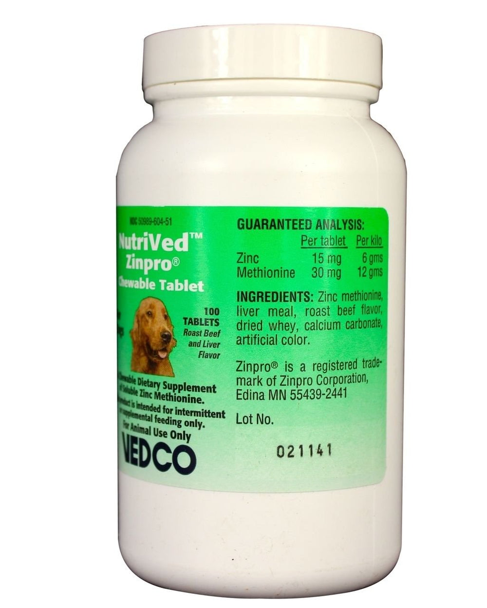 Close-up of NutriVed ZinPro chewable tablet highlighting roast beef flavor for palatability.